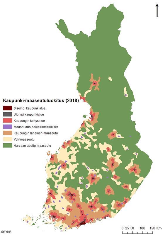 Kaupunki-maaseutuluokitus Suomen kartalla.